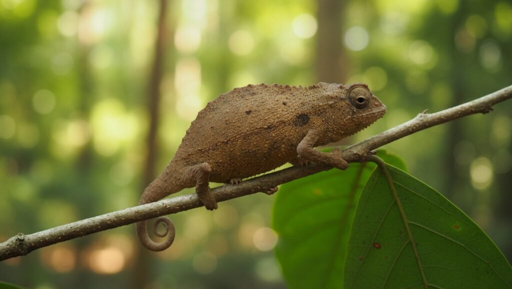 Primer plano de un Camaleón de Cuernos Pequeños (Rieppeleon brachyurus) camuflado