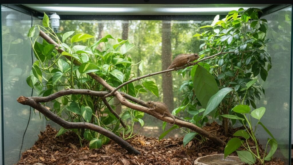 Terrario adecuado para un Camaleón de Cuernos Pequeños con sustrato de hojarasca