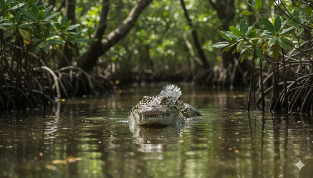 Cocodrilo de Morelet nadando en un cenote de la Riviera Maya.