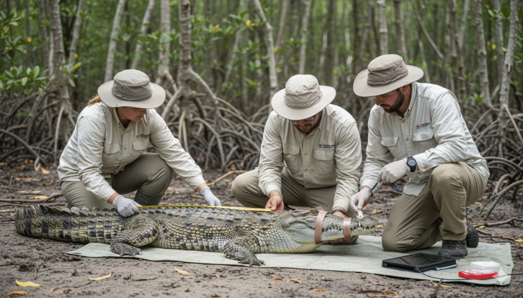 Biólogos realizando labores de conservación con un Crocodylus moreletii.